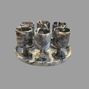 VINTAGE 90'S MARBLE SHOT GLASS SET WITH MATCHING MARBLE SERVING TRAY